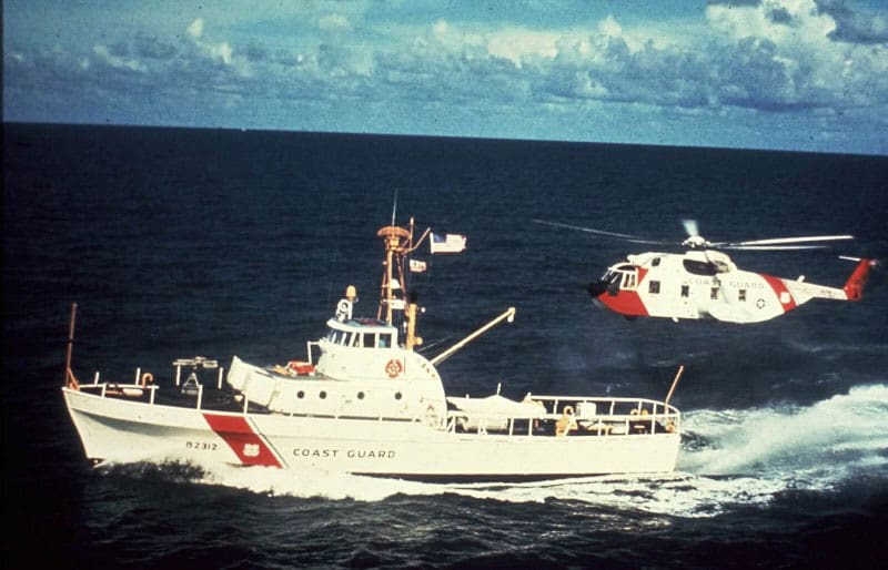 HH 3F Over 82foot Cutter - 1967: HH-3F Helicopters Entered Coast Guard Service