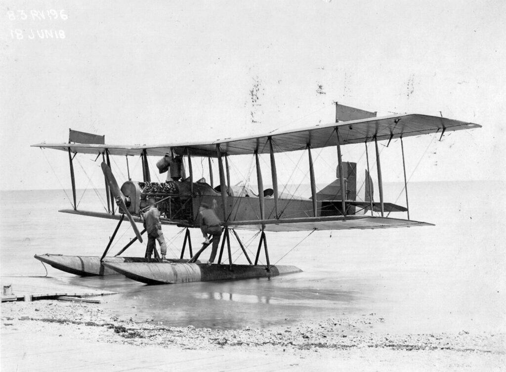 One of Chatham’s Curtiss R-9 float planes on the beach. This may have been the aircraft flown by Eaton to attack German submarine U-156.