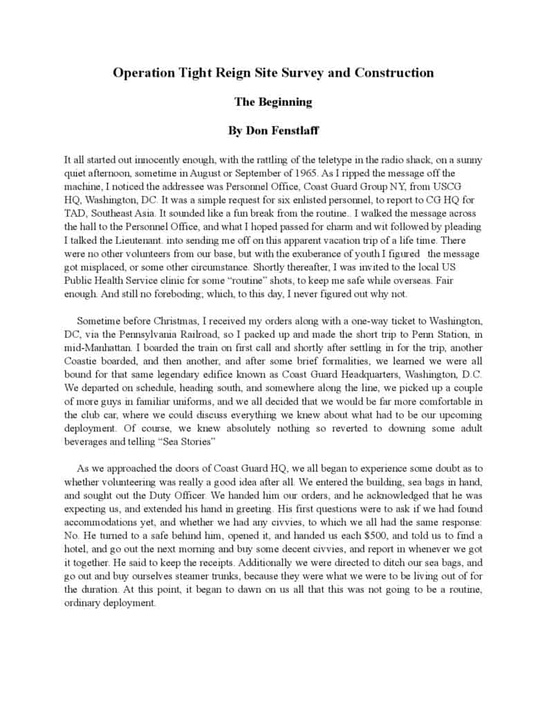 Don Fenstlaff The Beginnings of Operation Tight Reign pdf